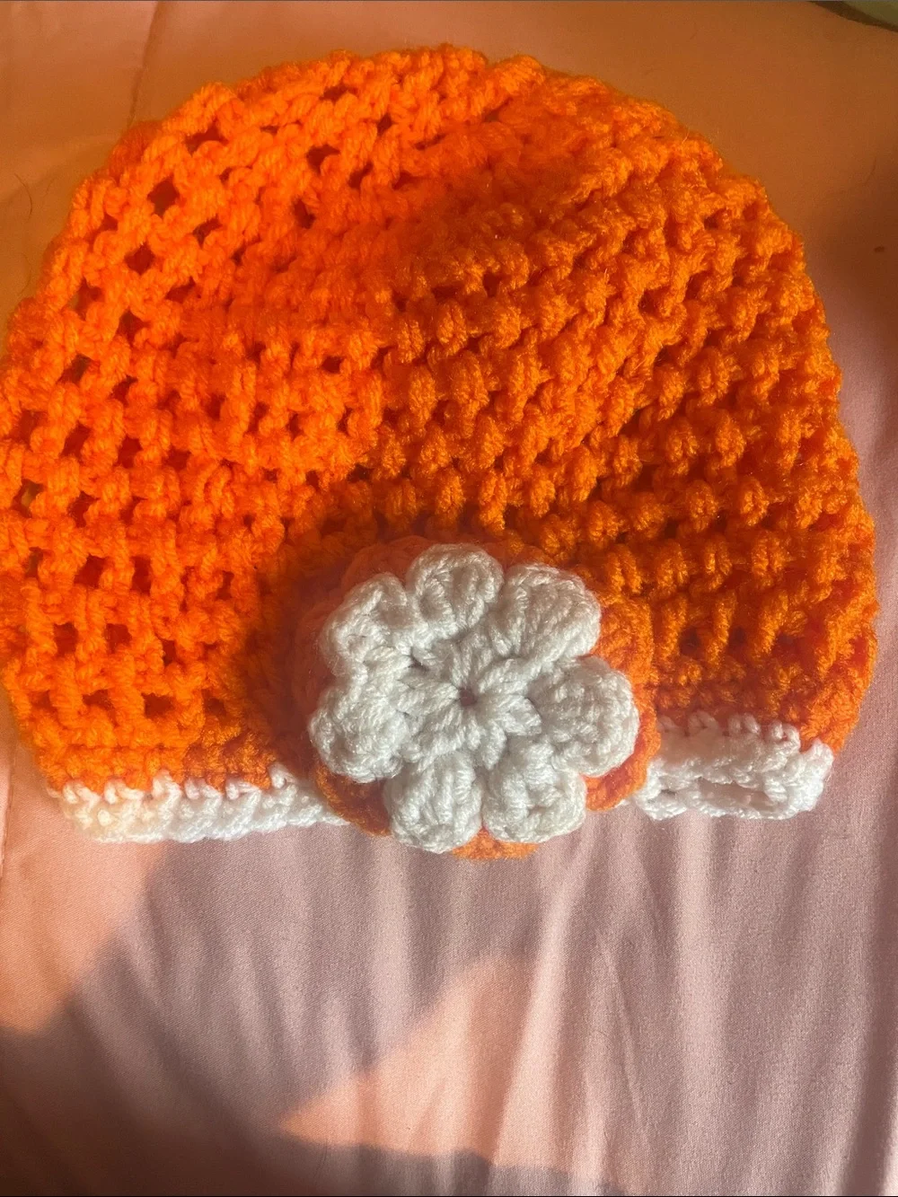 Handmade Orange Crochet Beanie with White Flower for kid